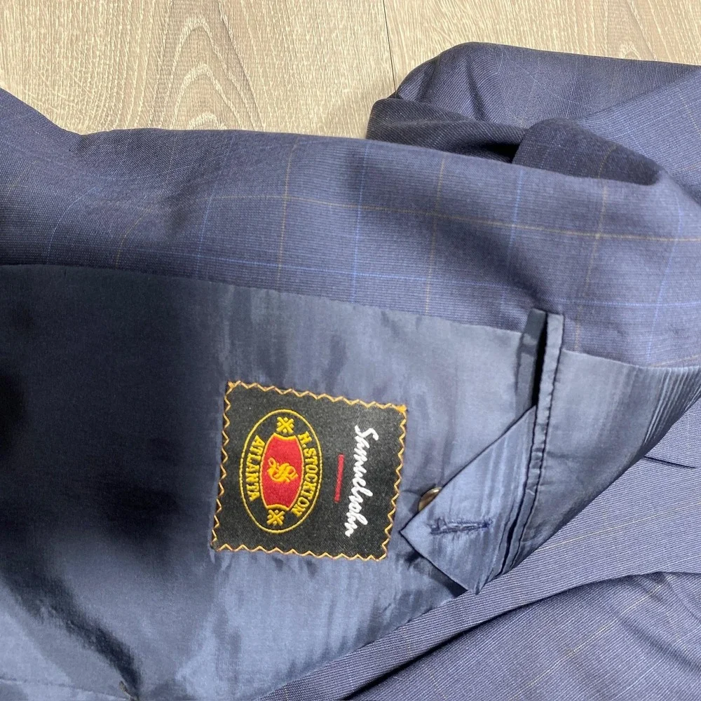 Vintage Samuelsohn Blazer Mens 37‎ Regular Navy Wool Windowpane Sport Coat 90s